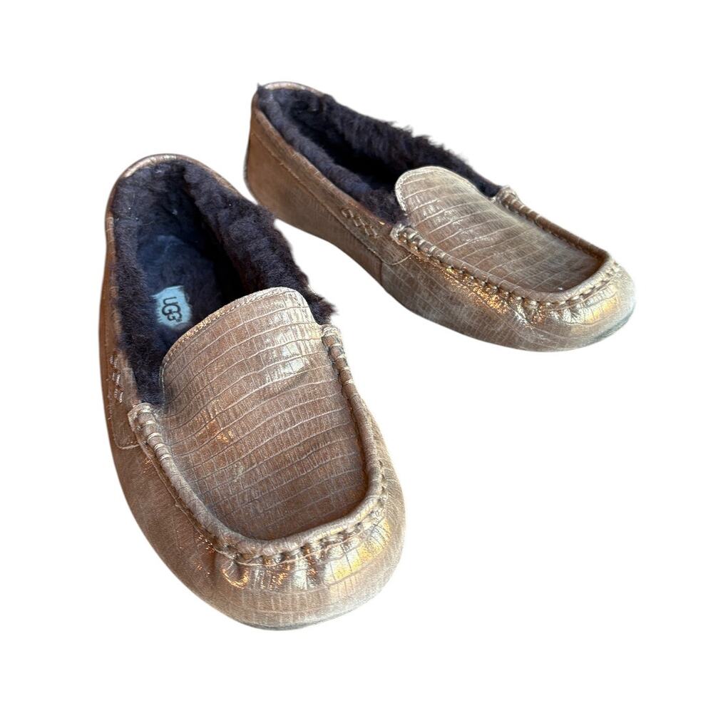 UGG Ansley Metallic Gold Croc Embossed Shearling Lined Slippers size 10 Pls Read